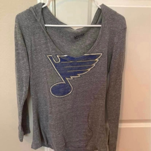 Gray Hooded Long Sleeve Top with Blue Logo - Picture 2 of 4